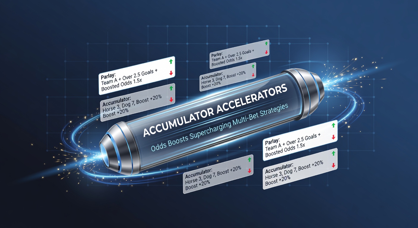 Graphic showing stacked accumulator bets with glowing odds boost icons amplifying potential payouts