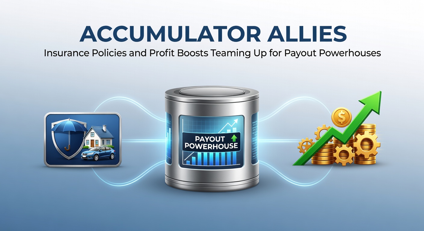 Vibrant graphic showing stacked accumulator bets with protective insurance shields and explosive profit boost icons, symbolizing combined payout potential