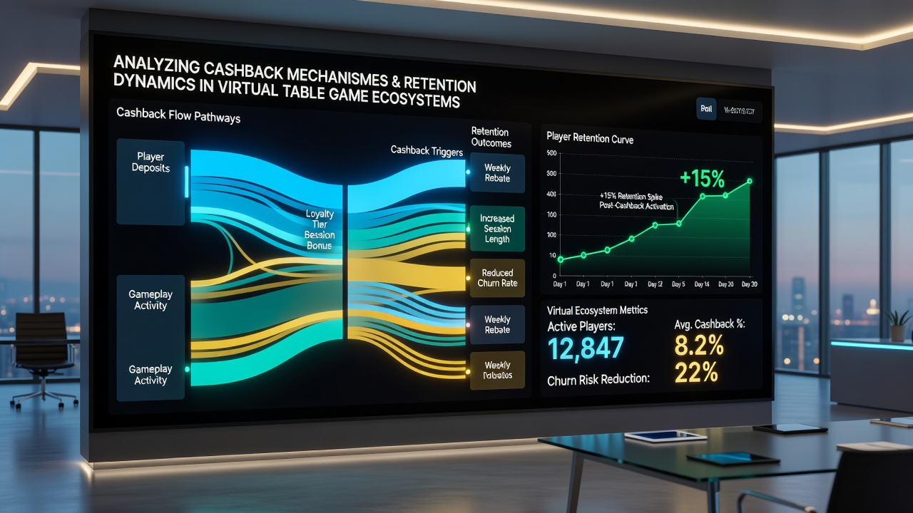Data visualization showing player retention curves and cashback redemption rates across virtual table game sessions