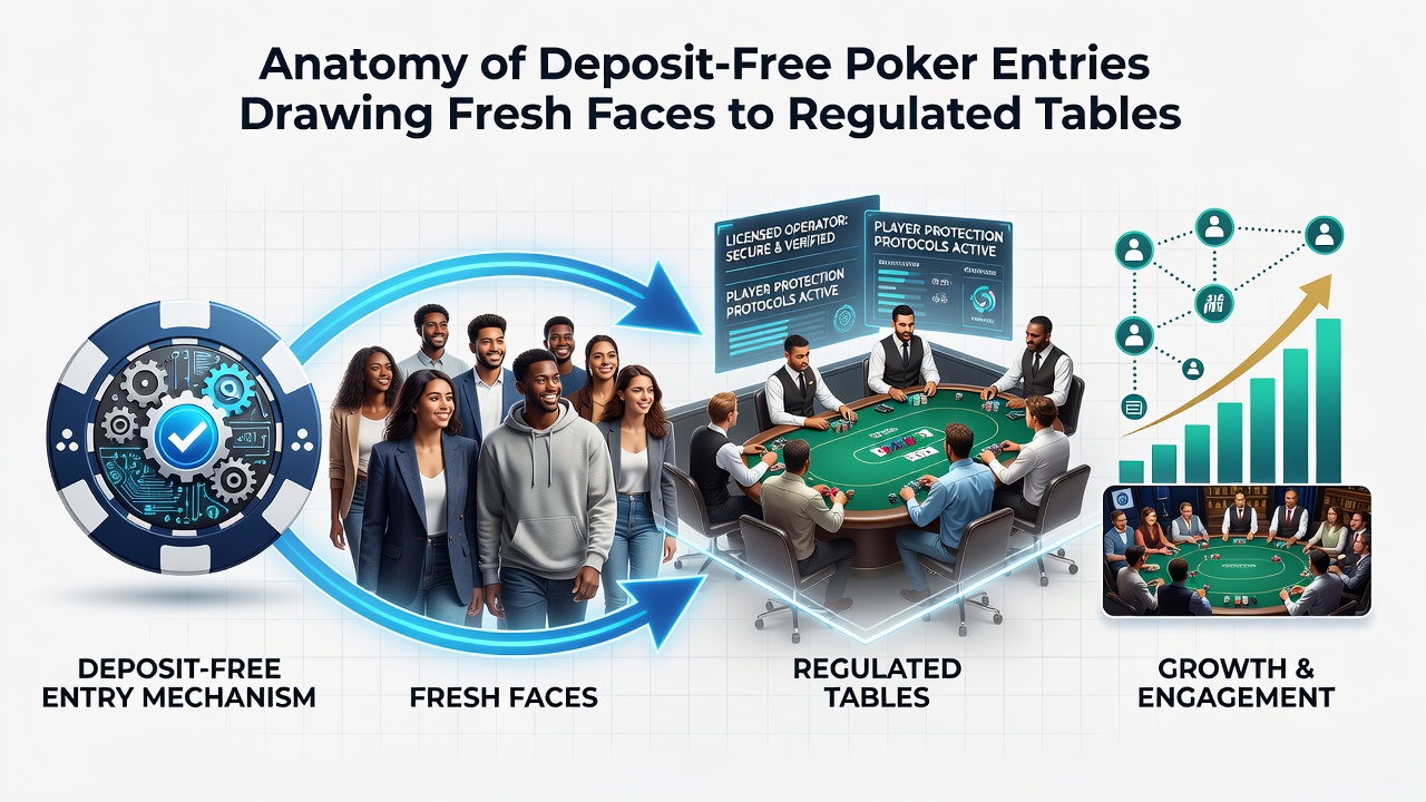Graph and charts depicting demographic trends and player acquisition through no-deposit poker entries in regulated markets