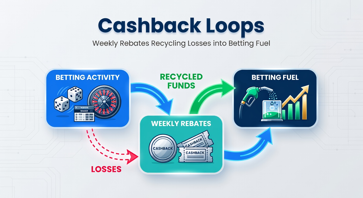 Chart depicting weekly cashback rebate growth and recycling patterns in betting accounts