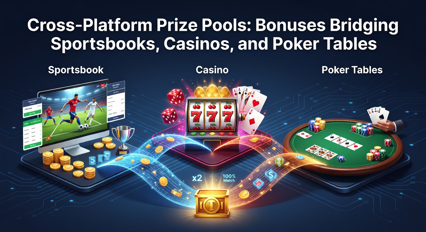 Digital graphic showing interconnected prize pools linking sports betting interfaces, casino slots, and poker tables with glowing bonus streams flowing between them