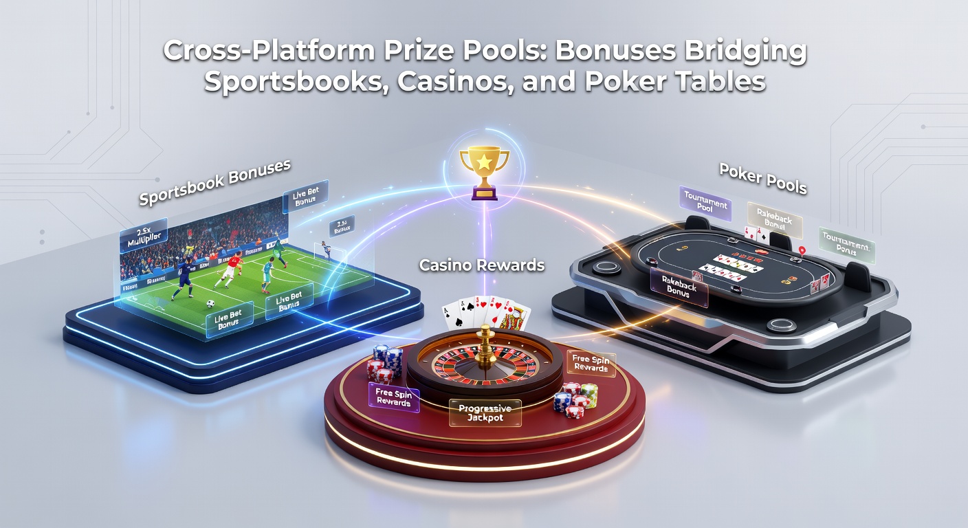 Screenshot of a gaming dashboard displaying a unified prize pool tracker with progress bars for sportsbook, casino, and poker contributions merging toward a massive jackpot