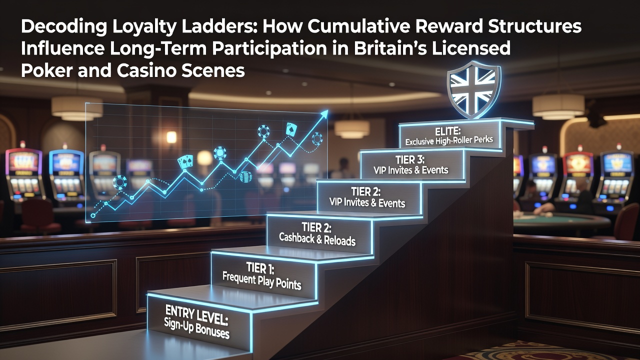 Loyalty ladder tiers displayed on a digital casino screen with poker chips and reward icons