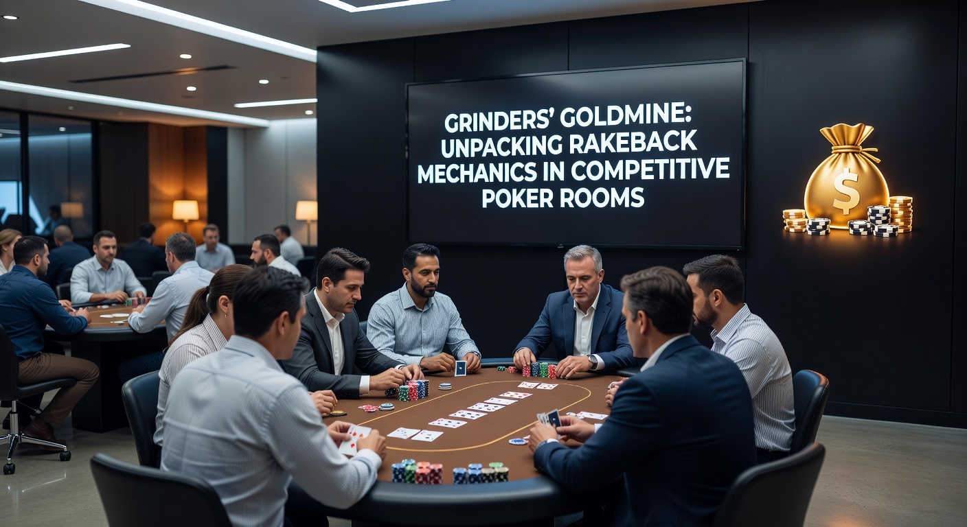 Poker players at a digital table analyzing rakeback charts on multiple screens, highlighting volume grinding strategies