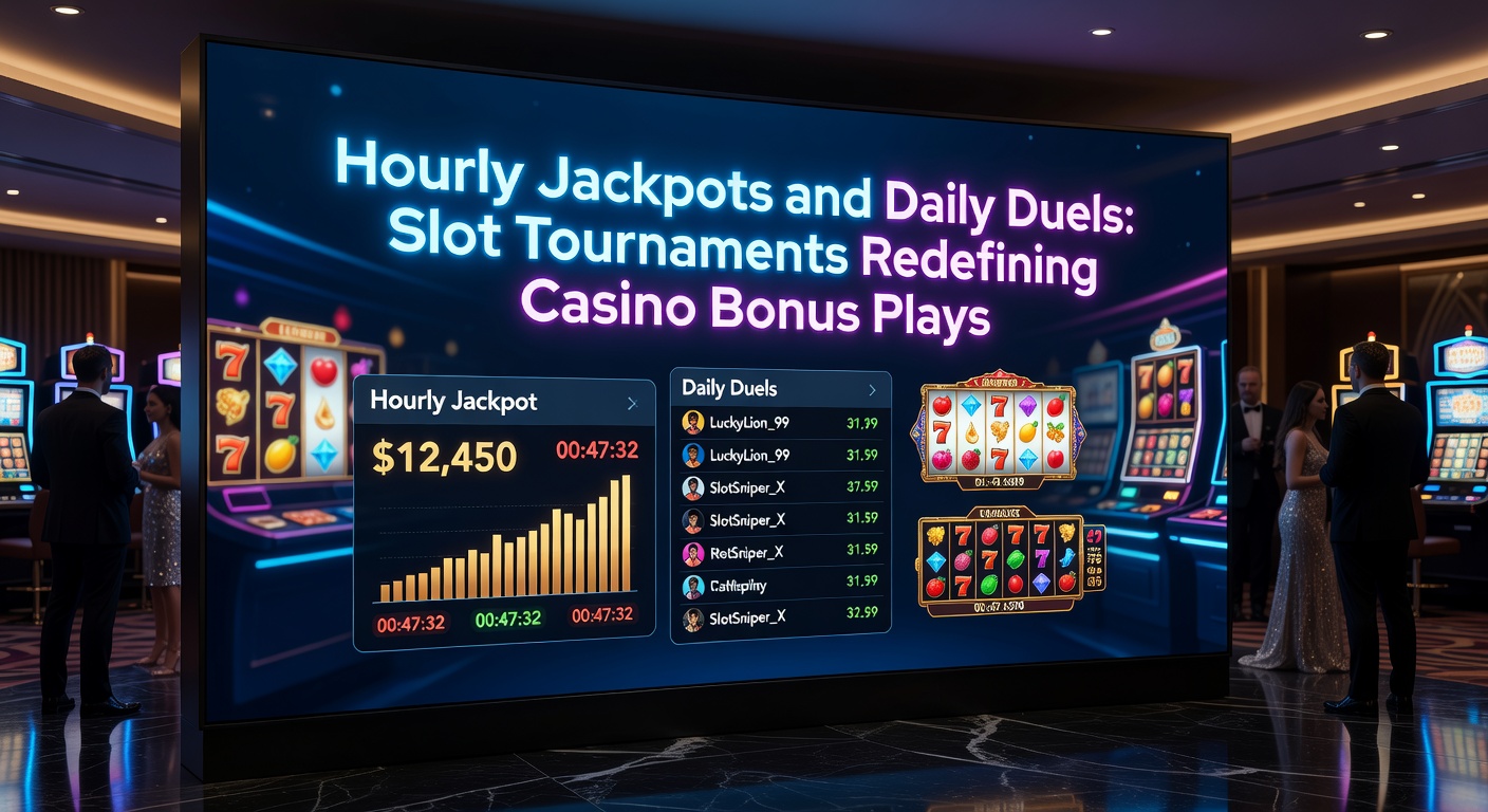 Vibrant slot machine screens displaying ticking hourly jackpot counters and leaderboard-style tournament duels, with colorful reels spinning in a dynamic casino interface