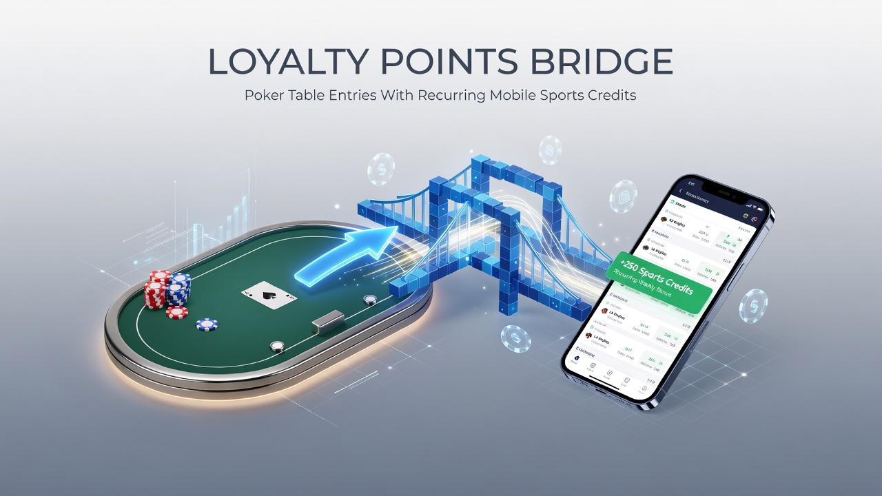 Digital interface displaying loyalty points earned from poker tables converting into mobile sports betting credits