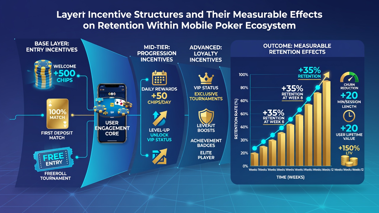 Analytics dashboard displaying retention curves segmented by incentive tier levels in mobile poker platforms