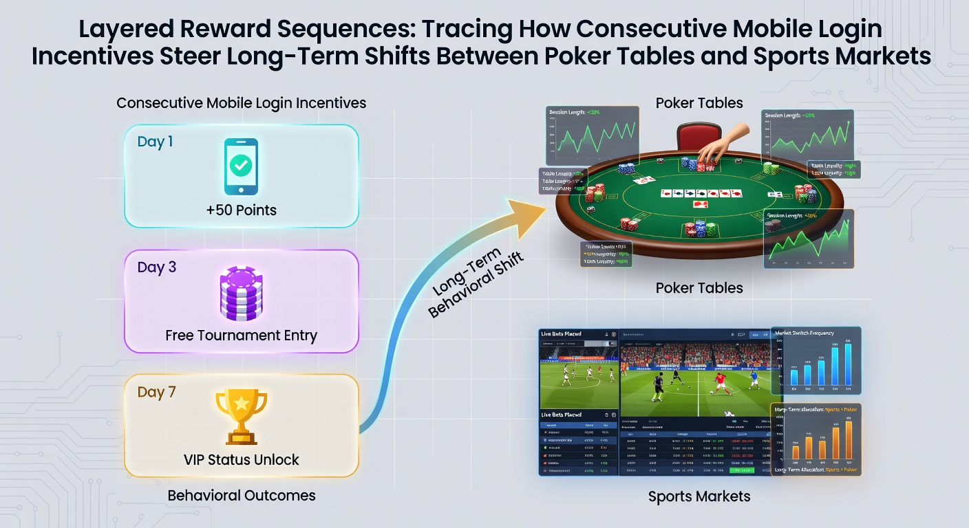 Mobile app interface showing layered login rewards for poker and sports betting