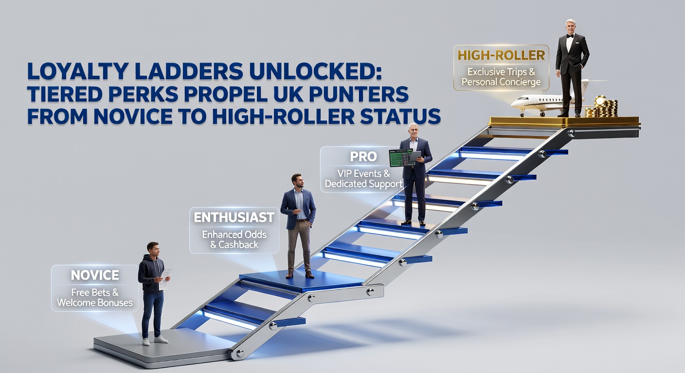 Illustration of a ladder with tiers representing loyalty levels in betting, from beginner to VIP high-roller status, featuring icons of bets, rewards, and exclusive perks