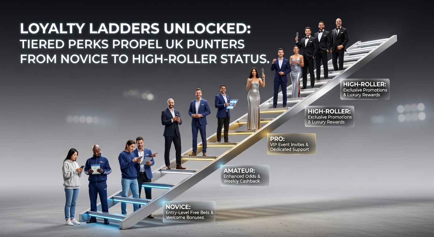Graphic depicting UK bettors ascending loyalty tiers, with icons of cashback, VIP events, personalized bonuses, and high-roller lounges at the summit