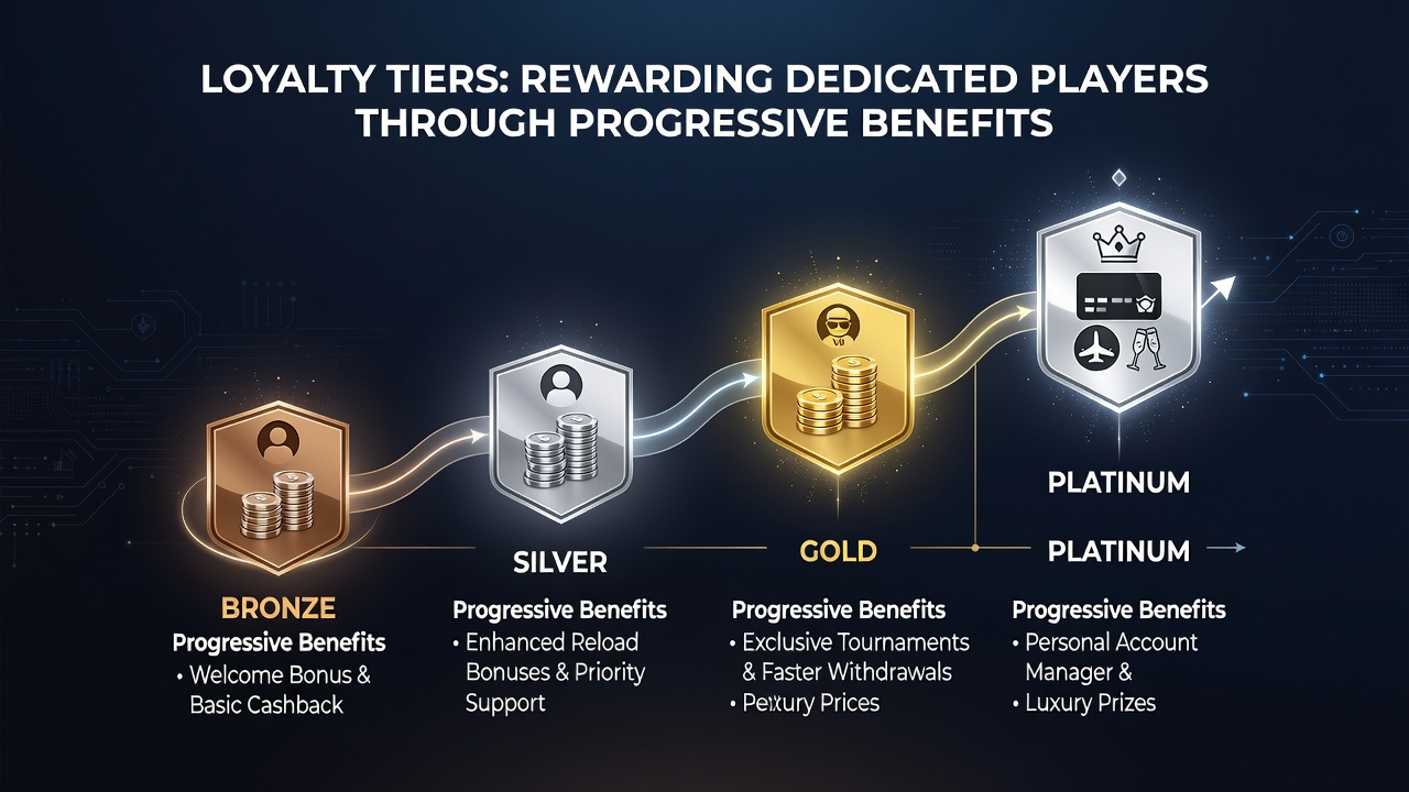 Detailed view of casino loyalty program interface displaying tier benefits and point progress bars for active players