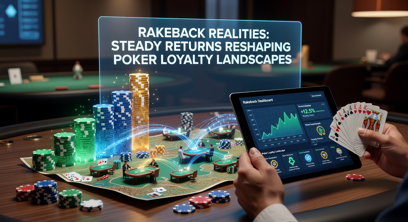 Poker players at a digital table reviewing rakeback earnings on a loyalty dashboard, highlighting steady returns in action