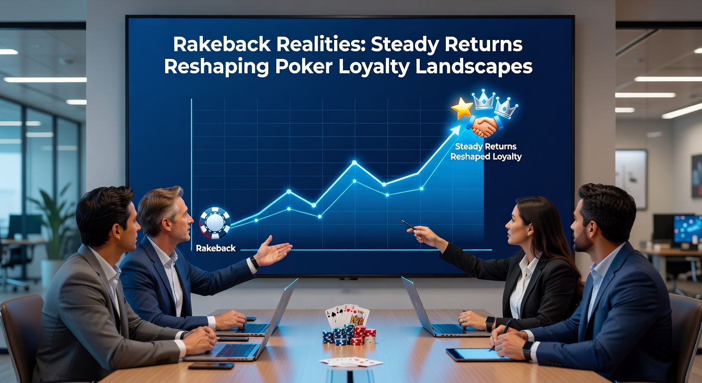 Graph illustrating rakeback tiers and player retention rates over time, with upward trends in loyalty metrics