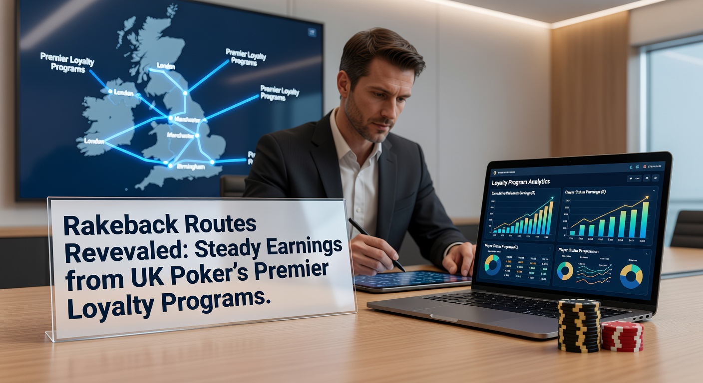 Poker players reviewing loyalty program dashboards on laptops during a tournament session, highlighting rakeback calculations and tier progress