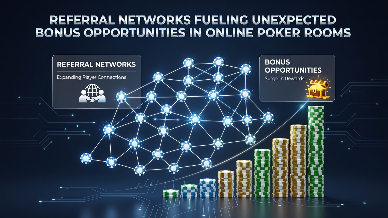 Network connections illustrating referral bonus flows in poker rooms