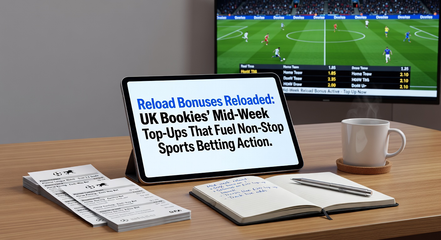 Close-up of a bookmaker's app displaying an active reload bonus offer with sports odds in the background