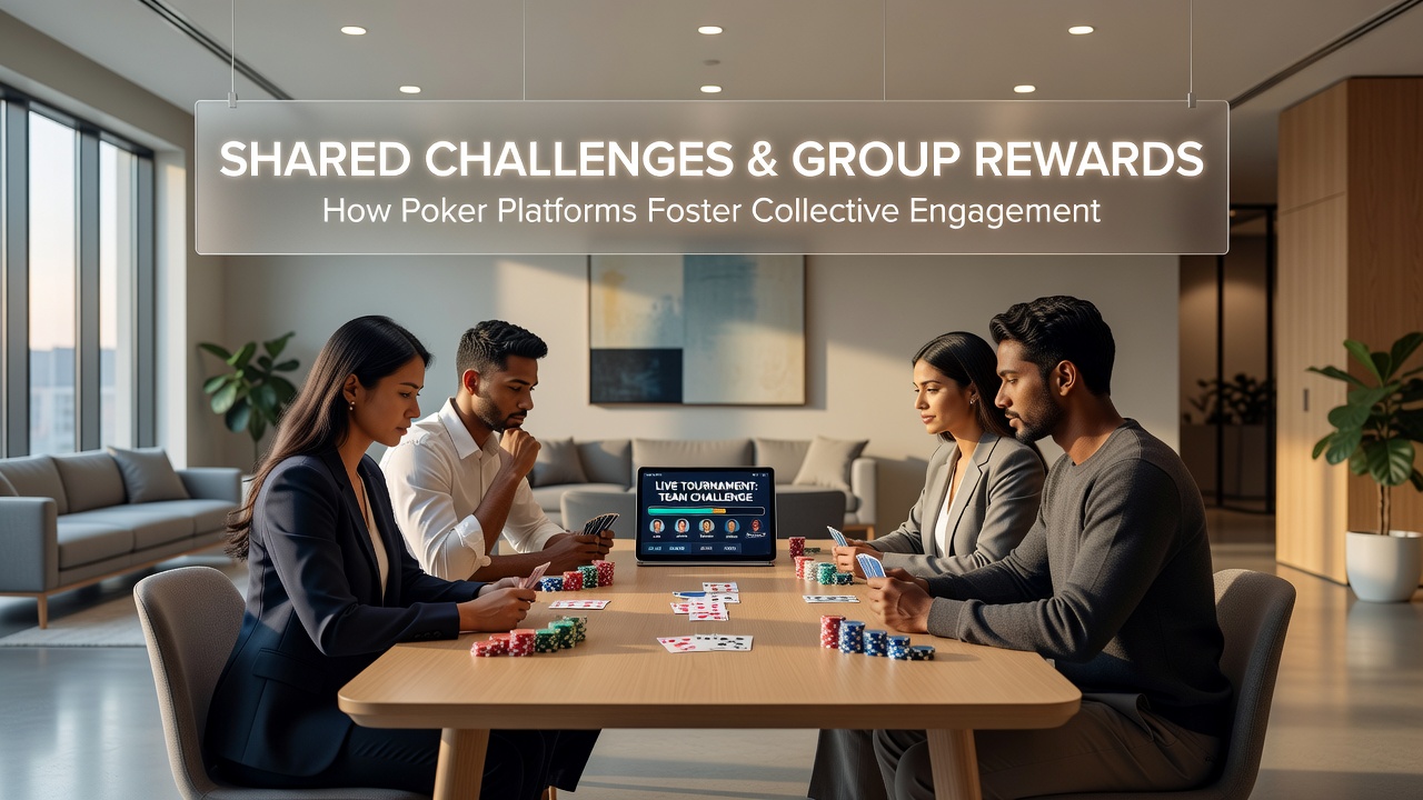Poker players collaborating around digital tables during a group challenge event on an online platform