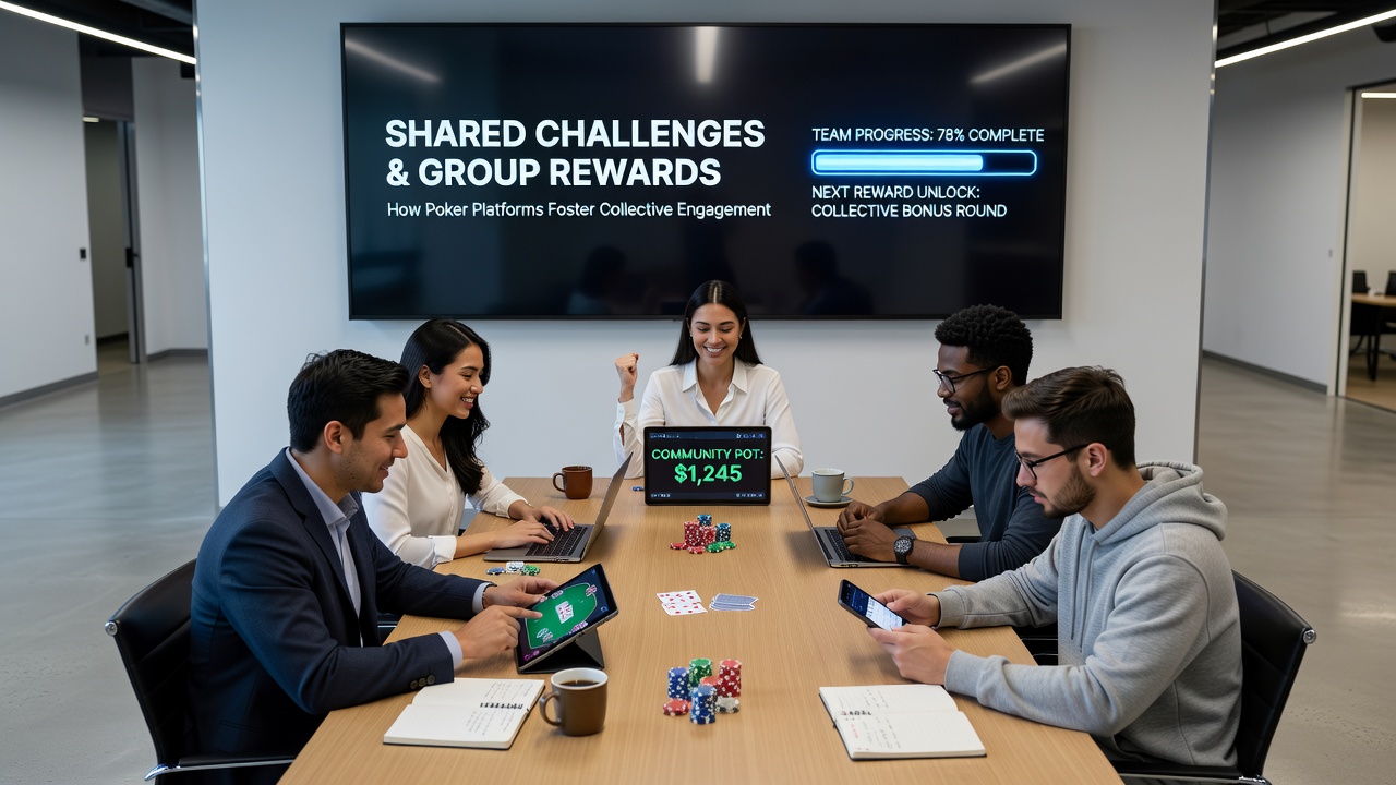 Group of online poker enthusiasts celebrating a completed team challenge with reward notifications on screen