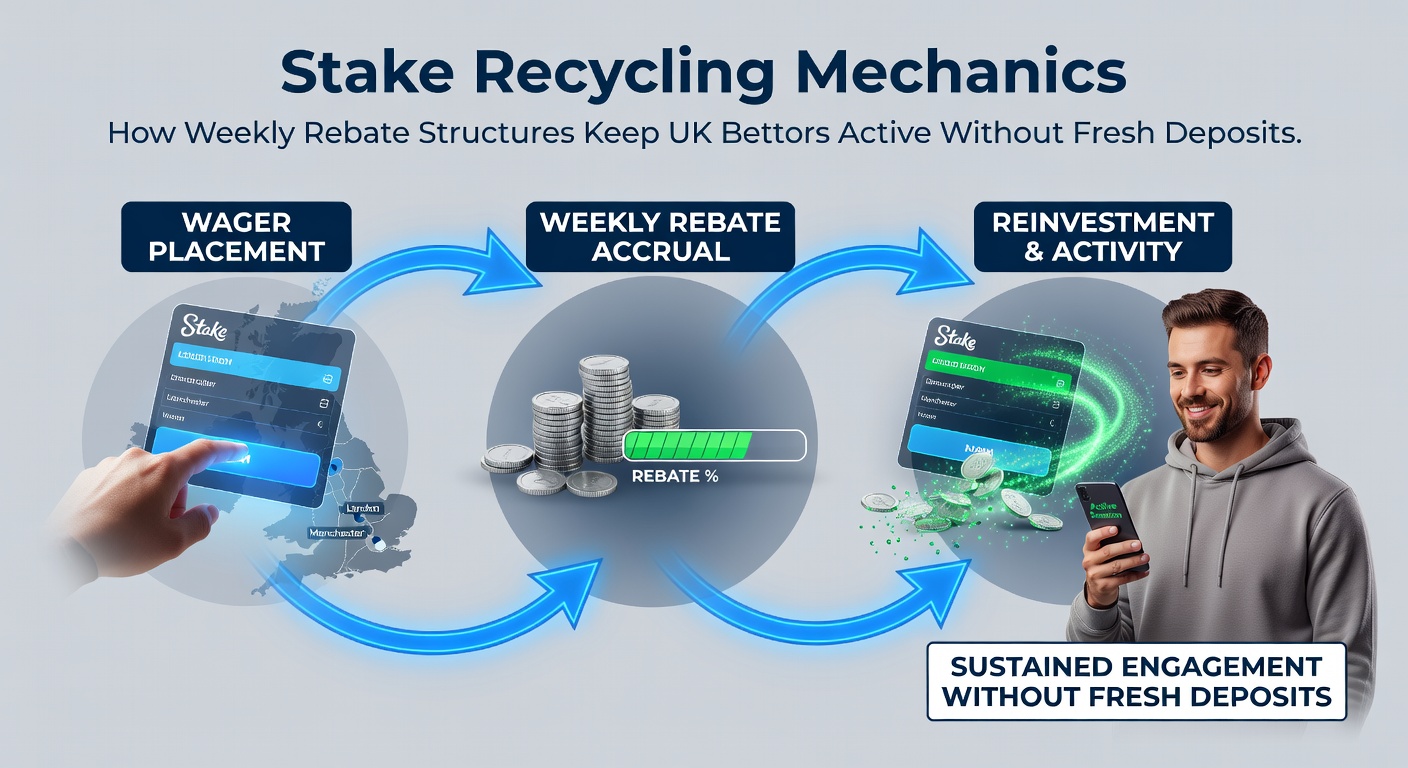 Illustration of weekly rebate cycles recycling stakes back into active betting accounts without new deposits