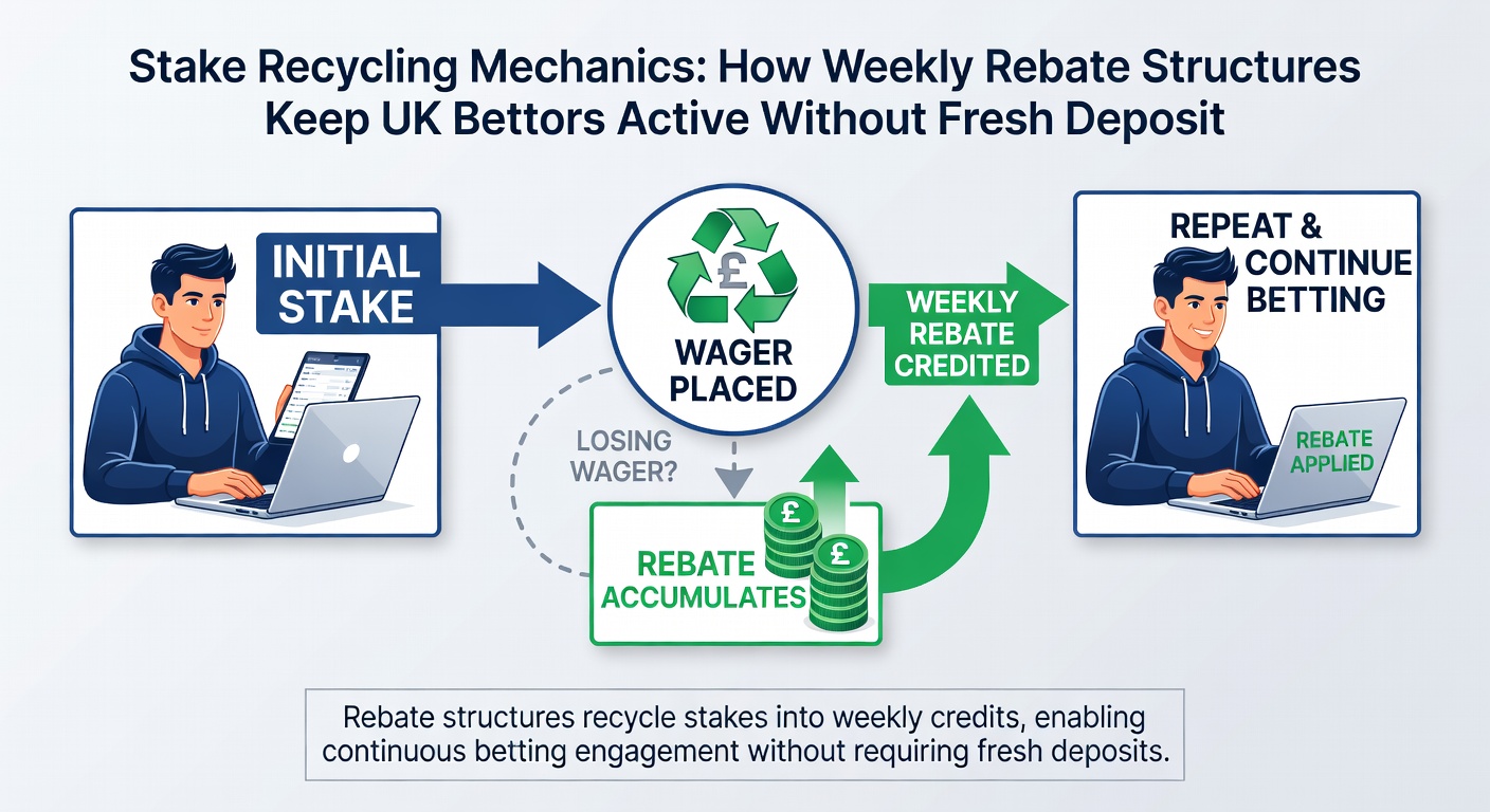 Diagram showing rebate credit flow from weekly activity back into new stake positions on a sportsbook interface