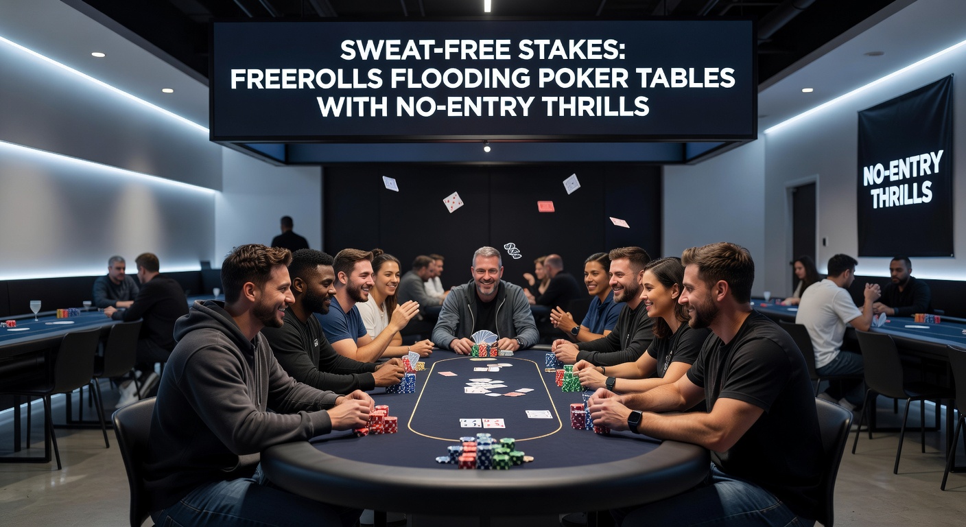 Close-up of poker chips and cards on a virtual table during a heated freeroll hand, stacks rising amid tense showdown