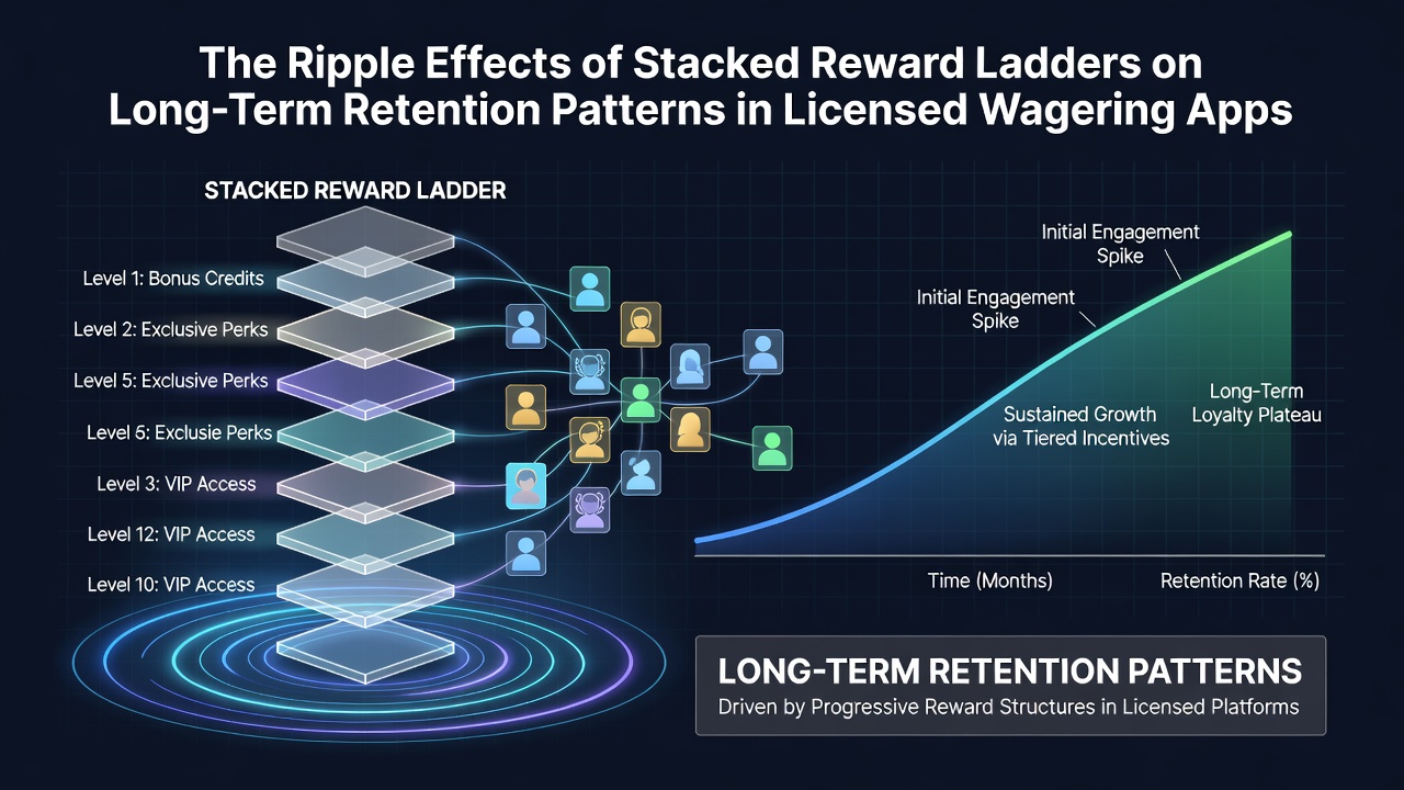 Visual representation of tiered reward structures in wagering applications showing progression paths and retention metrics