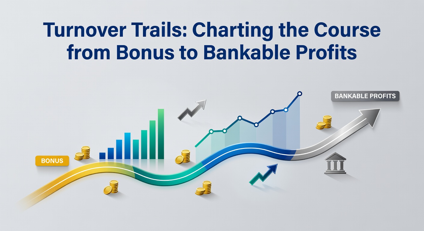 A winding trail map showing bonus funds transforming into withdrawable cash through wagering milestones, with signposts marking turnover multiples and profit checkpoints