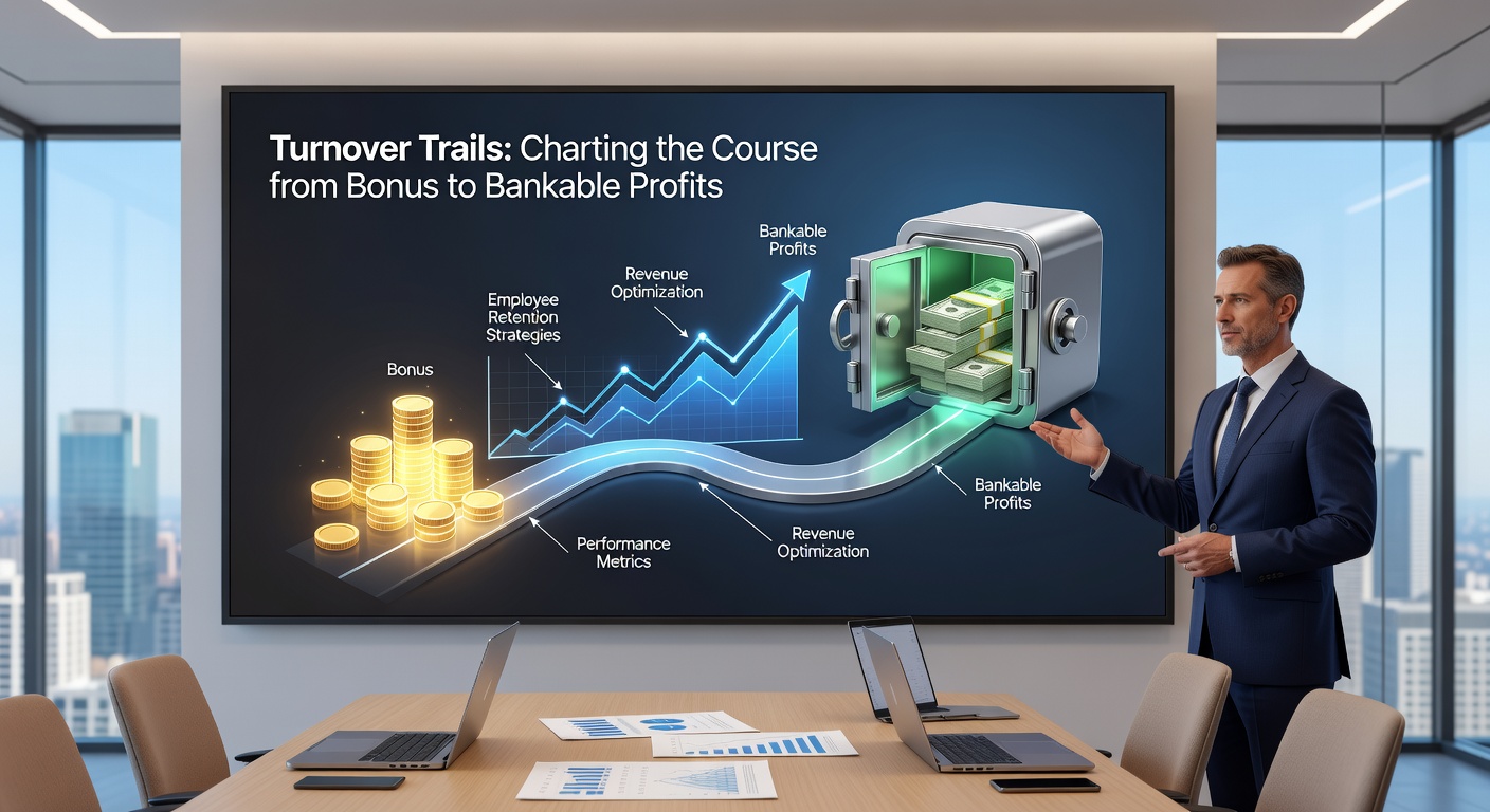 Close-up chart depicting bonus turnover progress bars filling up, with icons for sports bets, slots, and poker hands pushing toward the 'withdrawable profits' finish line