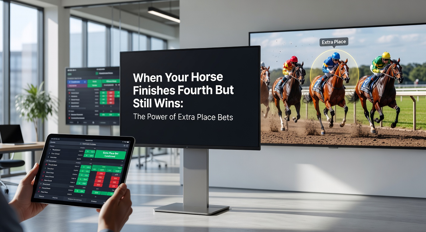 A horse crossing the finish line in fourth place amid a tight pack of runners, highlighting the thrill of extra place payouts in racing